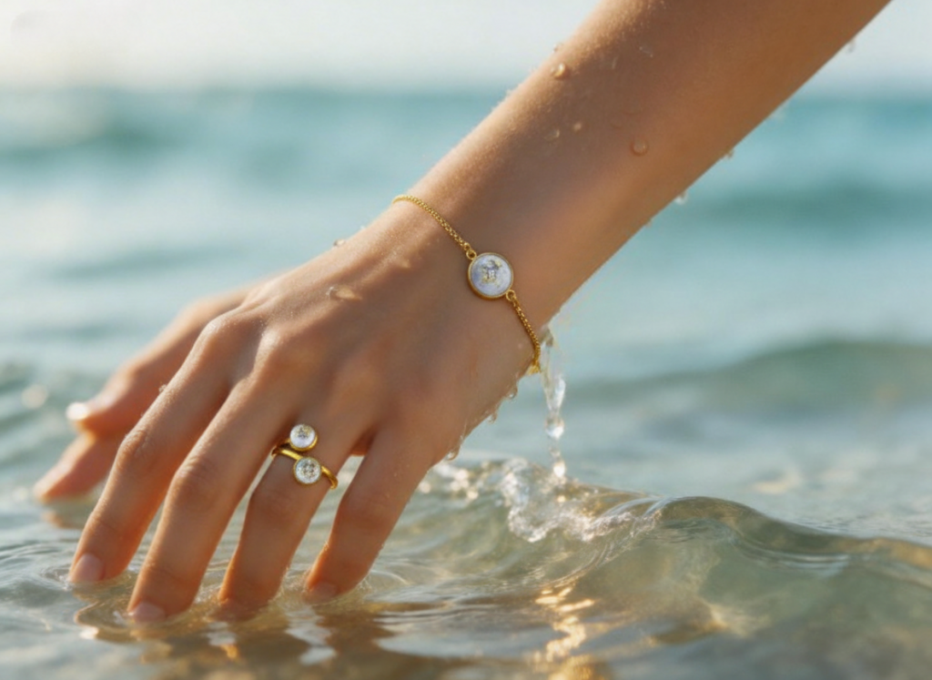 Frau trägt handgemachte Armkette und Ring  von Bella Estella Design am Meer und lässt Hand durch Meerwasser gleiten.