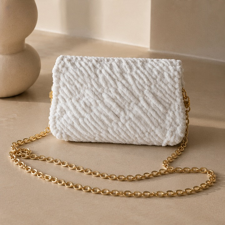 Rückansicht der handgefertigten Umhängetasche Mini Eden in elegantem Ivory mit weicher Struktur.