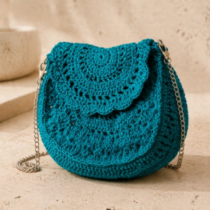 Handgefertigte Laguna Turquoise Häkeltasche mit silberfarbener Schulterkette